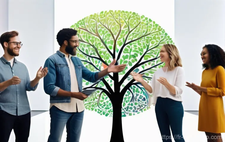 디지털 공유지와 공동 창작 문화 - **Prompt 1: The Flourishing Digital Commons**
A vibrant, medium shot of a diverse group of adult...