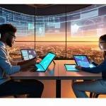 디지털 공유지와 시민의 역할 - **A Shared Digital Dawn:**
    A vibrant, optimistic scene depicting a diverse group of people (incl...