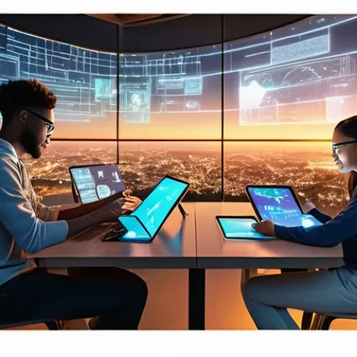 디지털 공유지와 시민의 역할 - **A Shared Digital Dawn:**
    A vibrant, optimistic scene depicting a diverse group of people (incl...