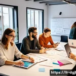 디지털 공유지와 커뮤니티 중심의 혁신 - A vibrant collaborative innovation workshop in a modern coworking space in Paris, featuring a divers...