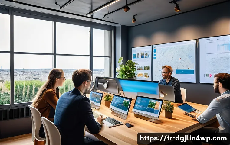 디지털 공유지와 경제적 성장 - A vibrant digital co-creation workspace featuring diverse professionals from France collaborating on...