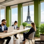 디지털 공유지와 환경적 지속 가능성 - A modern co-working space in Paris filled with diverse professionals collaboratively using shared di...