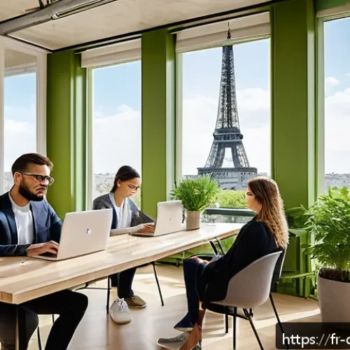 디지털 공유지와 환경적 지속 가능성 - A modern co-working space in Paris filled with diverse professionals collaboratively using shared di...