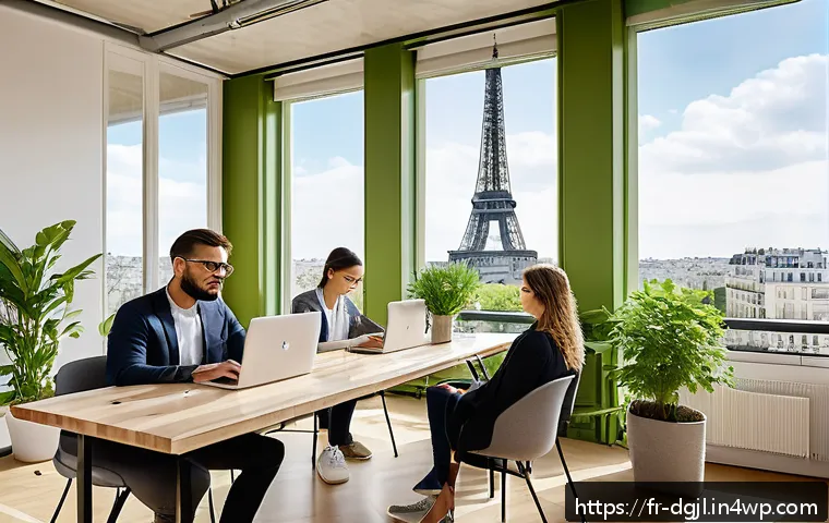 디지털 공유지와 환경적 지속 가능성 - A modern co-working space in Paris filled with diverse professionals collaboratively using shared di...