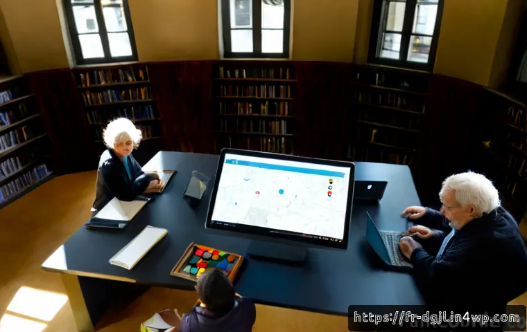 Home 17 디지털 공유지와 시민참여 - Photorealistic wide-angle scene in a bright French public library, diverse adult citizens and a seni...