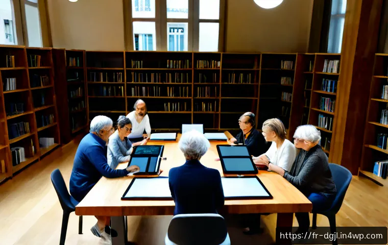 디지털 공유지와 글로벌 표준 - Photorealistic modern public media library in Paris, diverse adults and seniors collaboratively usin...