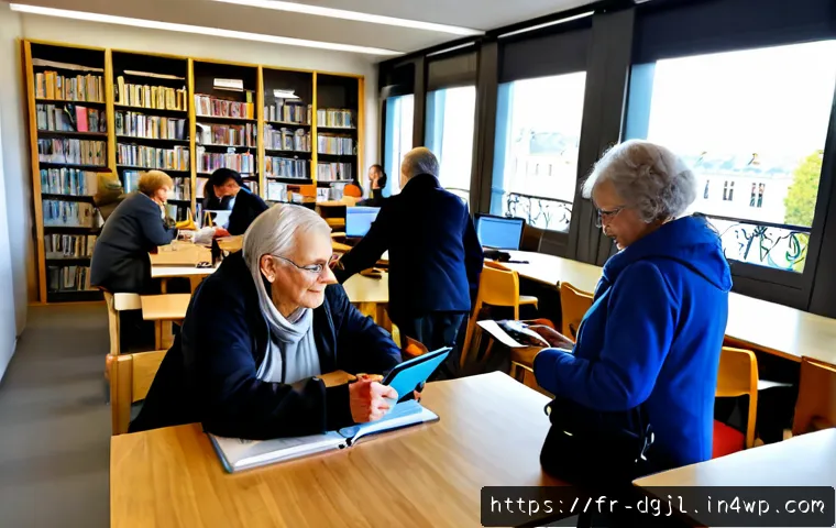 Home 17 디지털 공유지와 공공 플랫폼 - Photorealistic public digital commons in a modern French municipal library, diverse adults and senio...