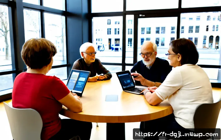 디지털 공유지의 활용을 위한 기술 - Photorealistic modern public library in Lyon, France, diverse adults and seniors using shared tablet...